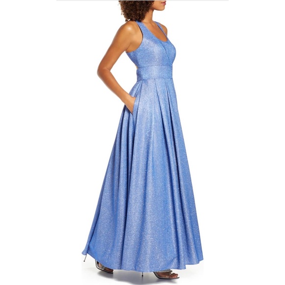 NWT Morgan & Co Blue Glitter Shimmer Pleated Gown - Picture 6 of 16